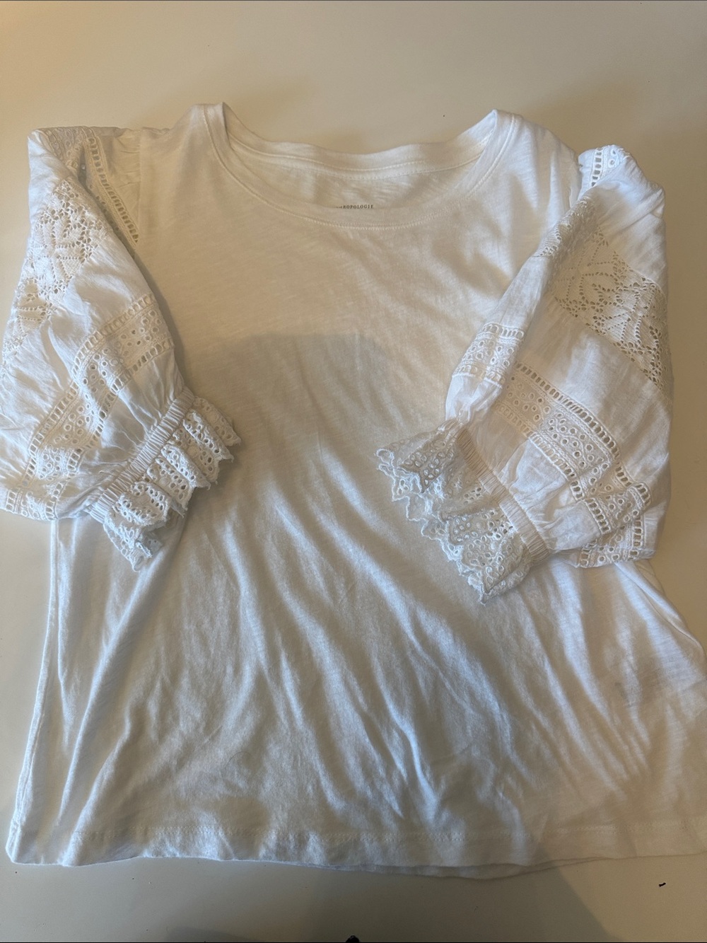 Anthropologie White Puff Lace Sleeve Tee